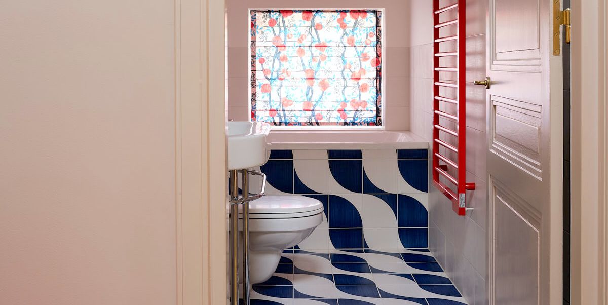 small bathroom with blue floor tiles