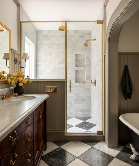black and white tile flooring in bathroom