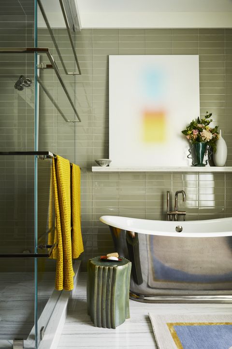 lucy harris home tour, scarsdale ny bathroom “it’s serene and calming, a respite from wherever you are in life,” harris says tile marble america side table floris wubben, the future perfect art mitch paster fixtures kohler