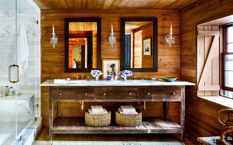 wood bathroom with marble shower