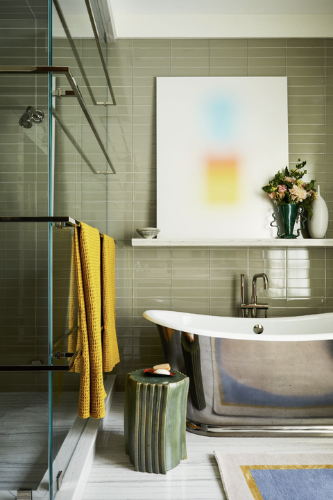 sage subway tile bathroom